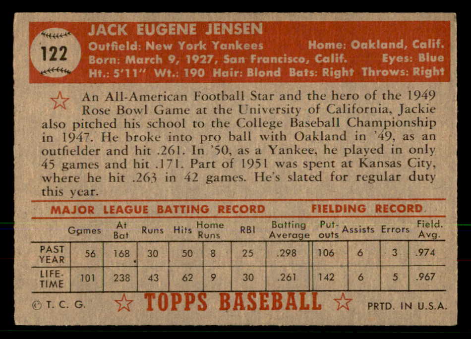 1952 Topps Baseball #122 Jackie Jensen Yankees EX-MT 568425