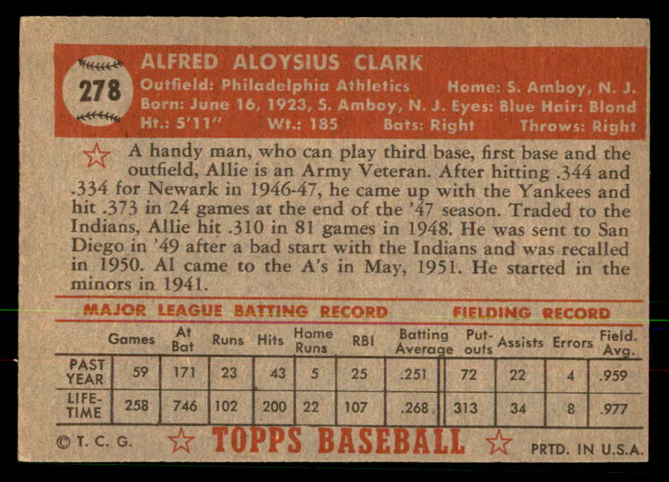 1952 Topps Baseball #278 Al Clark A's VG-EX 568429