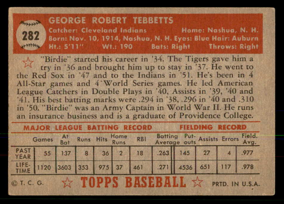 1952 Topps Baseball #282 Birdie Tebbetts Indians EX 568431