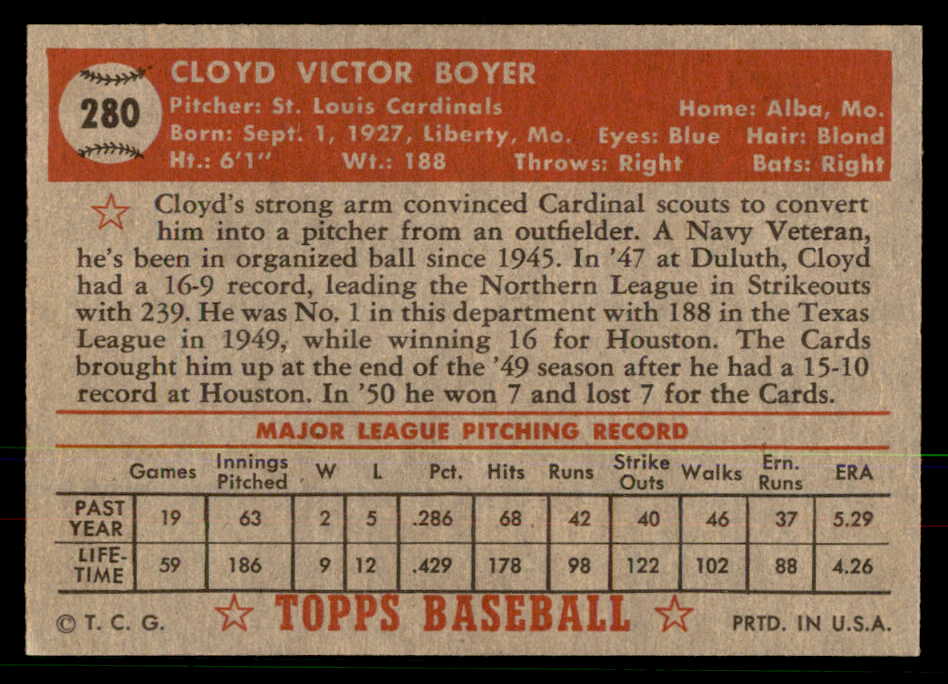 1952 Topps Baseball #280 Cloyd Boyer Cardinals EX-MT 568432