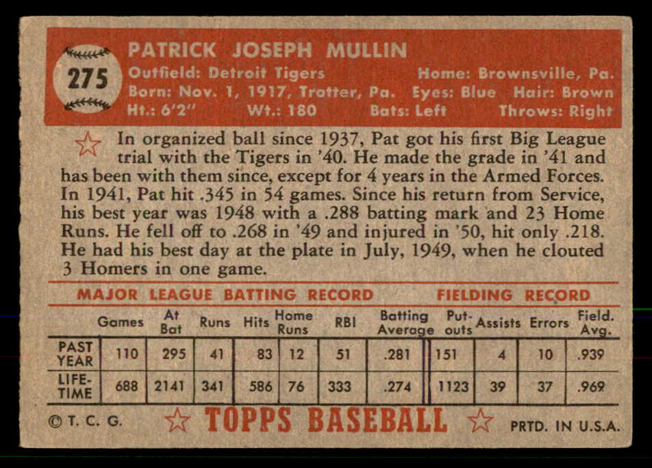 1952 Topps Baseball #275 Pat Mullin Tigers VG-EX 568433