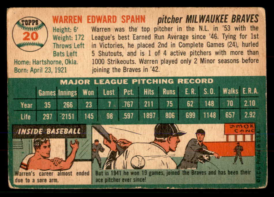 1954 Topps Baseball # 20 Warren Spahn Braves VG 568437