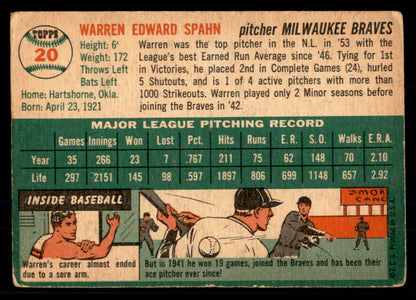 1954 Topps Baseball # 20 Warren Spahn Braves VG 568437