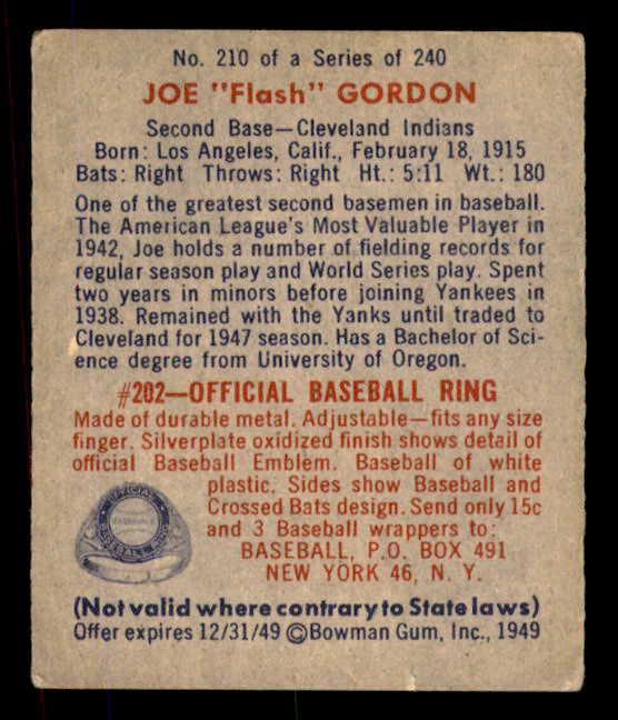 1949 Bowman Baseball #210 Joe Gordon Indians VG-EX 568439