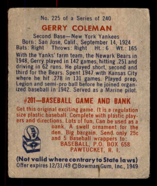 1949 Bowman Baseball #225 Jerry Coleman Yankees VG 568440