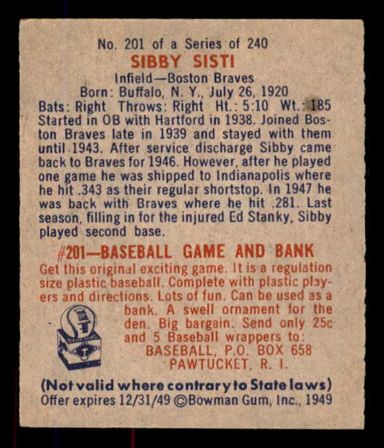 1949 Bowman Baseball #201 Sibby Sisti Braves EX-MT 568441