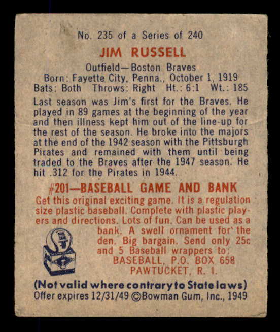1949 Bowman Baseball #235 Jim Russell Bravex VG-EX 568442