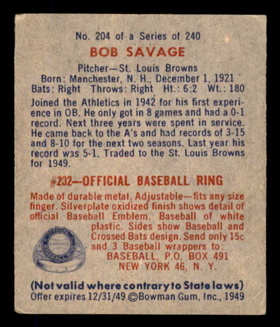 1949 Bowman Baseball #204 Bob Savage Browns VG-EX 568443