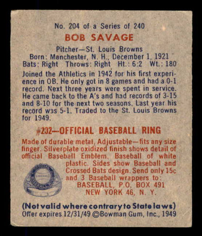 1949 Bowman Baseball #204 Bob Savage Browns VG-EX 568443