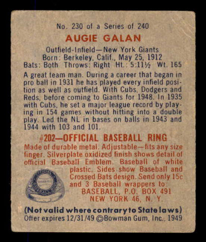 1949 Bowman Baseball #230 Augie Galan Giants VG-EX 568444