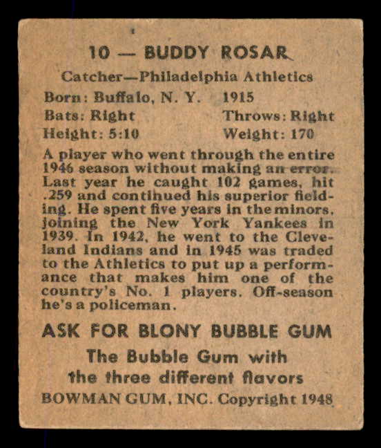 1948 Bowman Baseball # 10 Buddy Rosar A's EX-MT 568447