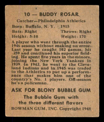 1948 Bowman Baseball # 10 Buddy Rosar A's EX-MT 568447