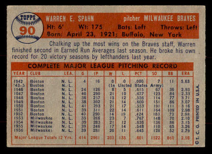 1957 Topps Baseball # 90 Warren Spahn Braves VG-EX 568463