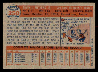 1957 Topps Baseball #250 Eddie Mathews Braves VG-EX 568469