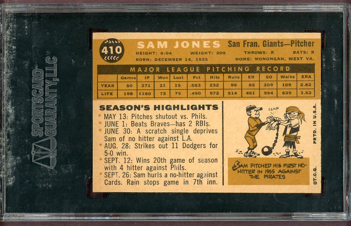 1960 Topps Baseball #410 Sam Jones Giants SGC 9 MINT 568654