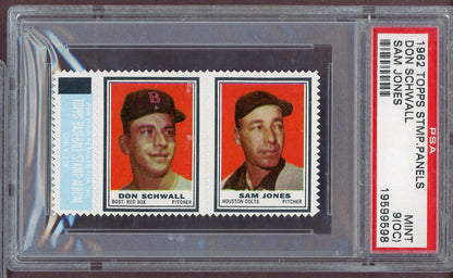 1962 Topps Baseball Stamp Panel Sam Jones Don Schwall PSA 9 MINT oc 568657