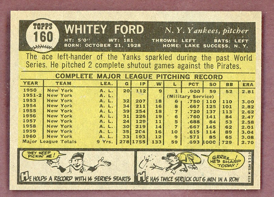 1961 Topps Baseball #160 Whitey Ford Yankees EX-MT 568697