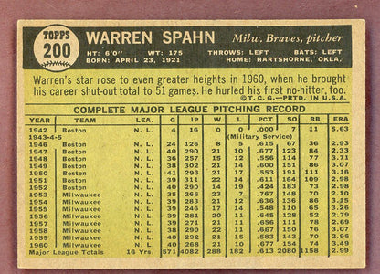 1961 Topps Baseball #200 Warren Spahn Braves VG-EX 568700