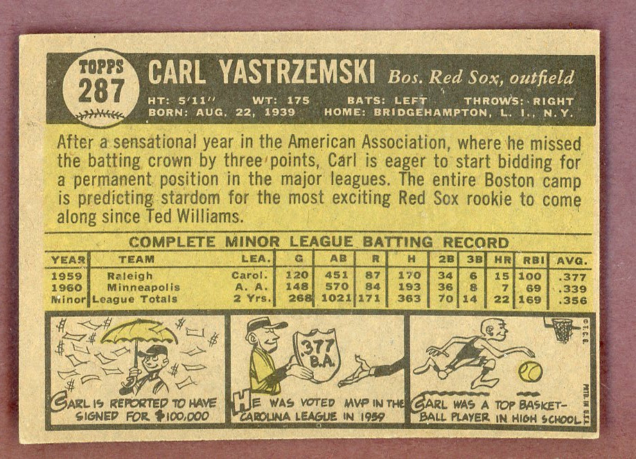 1961 Topps Baseball #287 Carl Yastrzemski Red Sox NR-MT 568708