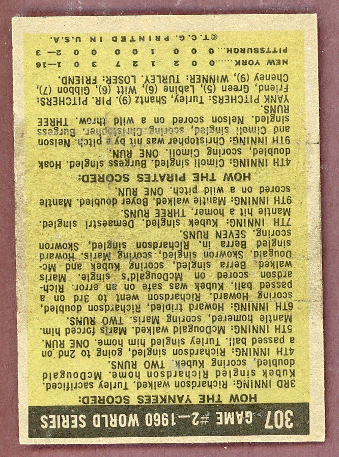 1961 Topps Baseball #307 World Series Game 2 Mickey Mantle VG-EX 568712