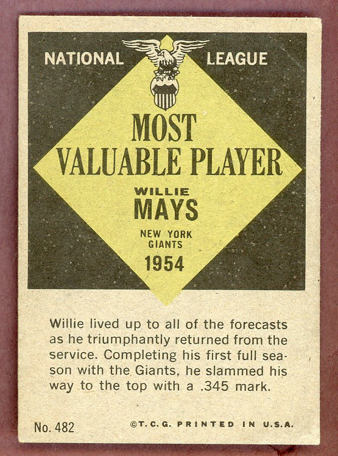 1961 Topps Baseball #482 Willie Mays MVP Giants EX+/EX-MT 568729