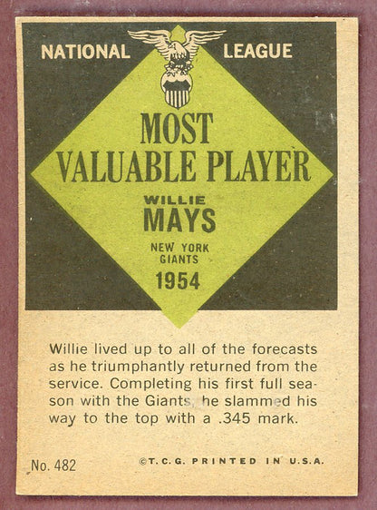 1961 Topps Baseball #482 Willie Mays MVP Giants EX-MT 568730
