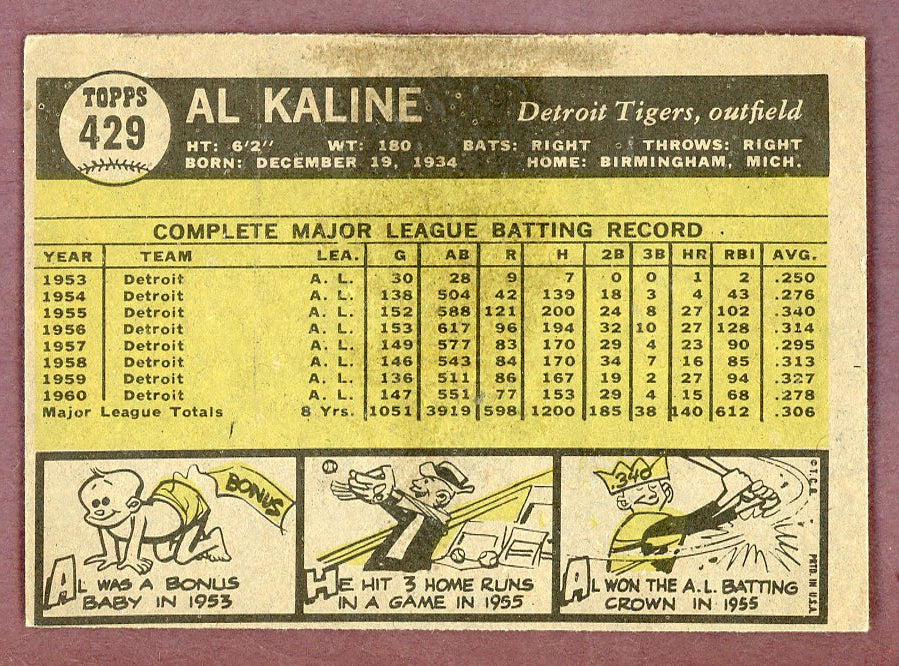 1961 Topps Baseball #429 Al Kaline Tigers EX-MT 568735