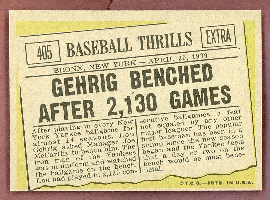 1961 Topps Baseball #405 Lou Gehrig Yankees EX-MT 568736