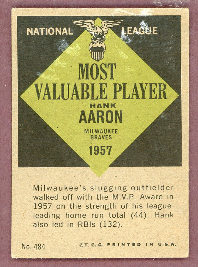 1961 Topps Baseball #484 Hank Aaron MVP Braves VG-EX 568740