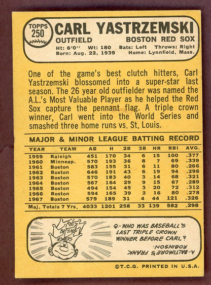 1968 Topps Baseball #250 Carl Yastrzemski Red Sox EX-MT 568781