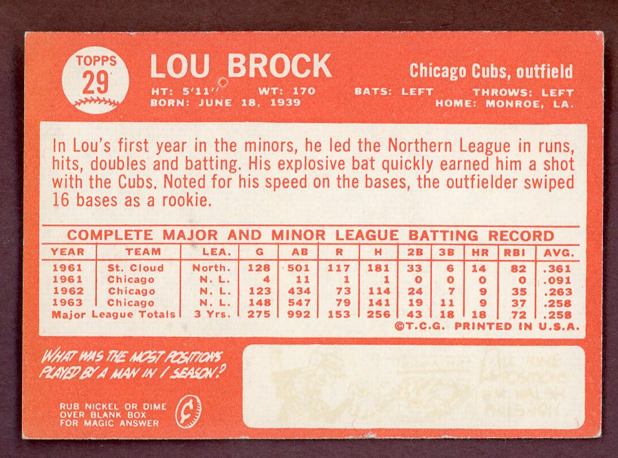 1964 Topps Baseball #029 Lou Brock Cubs VG-EX 568843