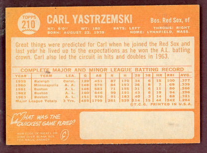 1964 Topps Baseball #210 Carl Yastrzemski Red Sox EX-MT 568848