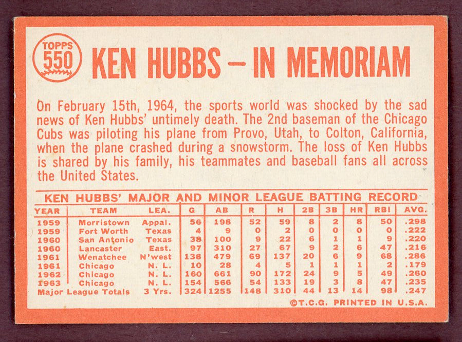 1964 Topps Baseball #550 Ken Hubbs Cubs EX+/EX-MT 568851