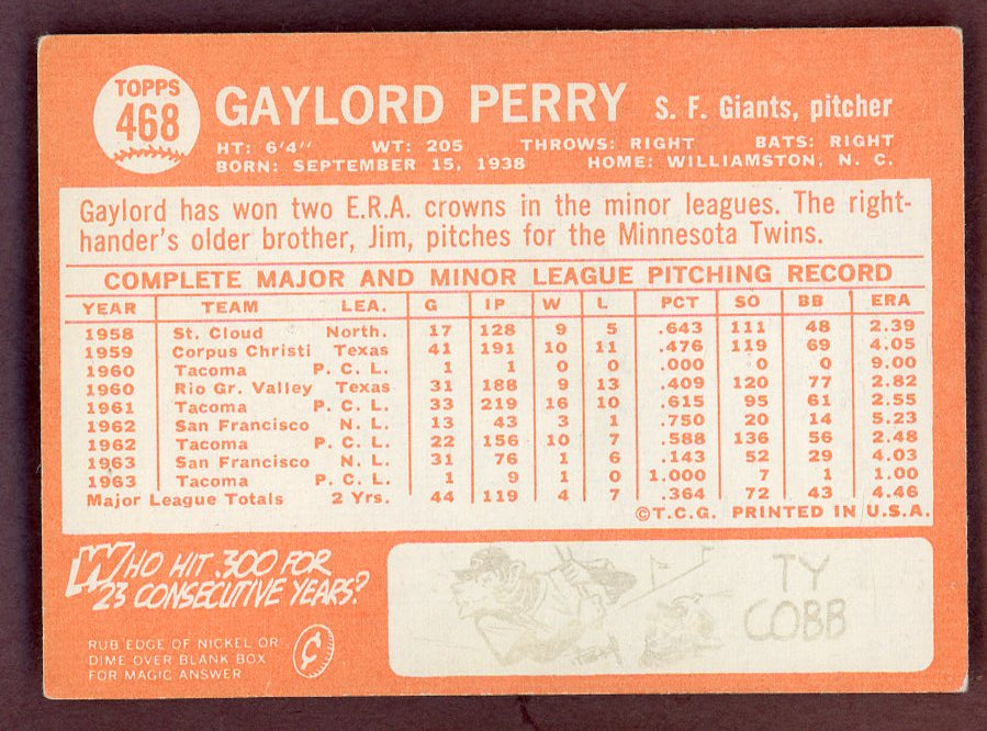 1964 Topps Baseball #468 Gaylord Perry Giants NR-MT 568853