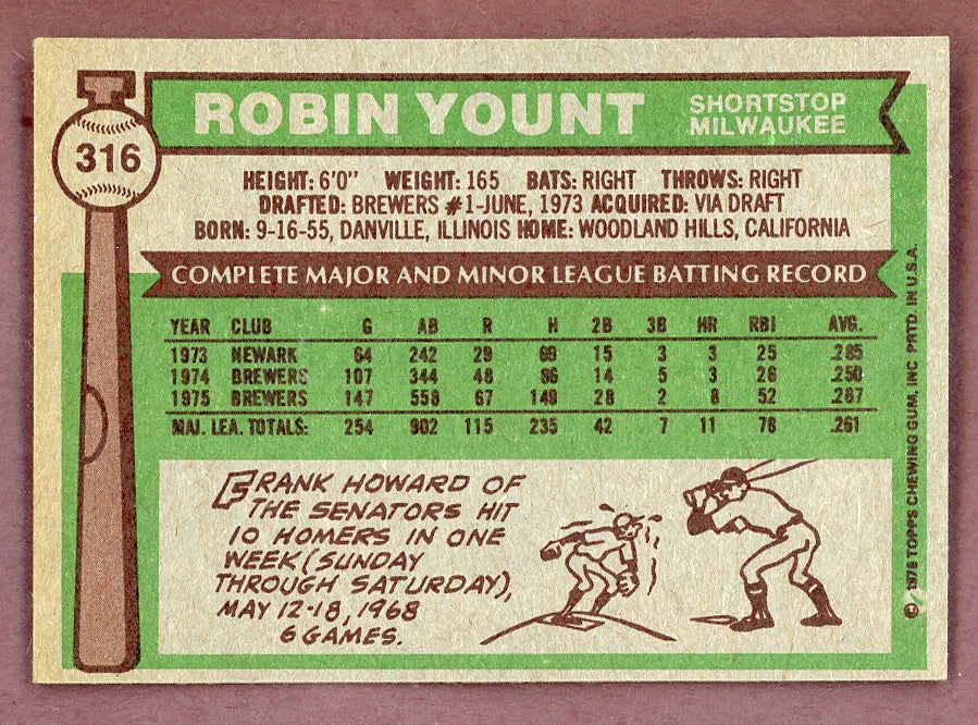1976 Topps Baseball #316 Robin Yount Brewers EX-MT 568861