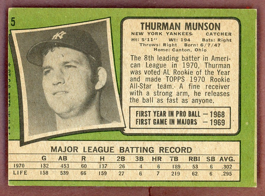 1971 Topps Baseball #005 Thurman Munson Yankees VG-EX 568871