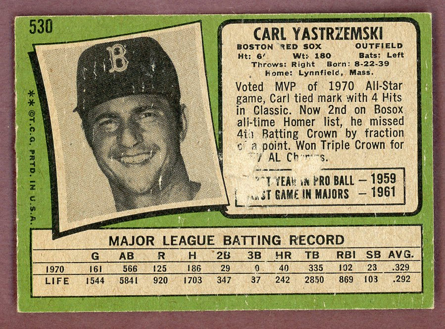 1971 Topps Baseball #530 Carl Yastrzemski Red Sox VG-EX 568877