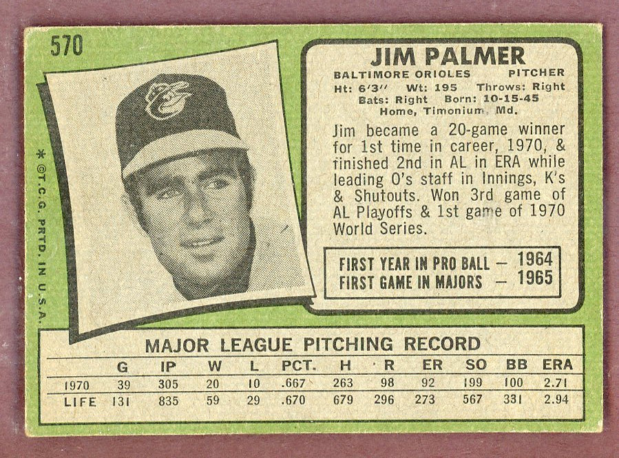 1971 Topps Baseball #570 Jim Palmer Orioles VG-EX 568883
