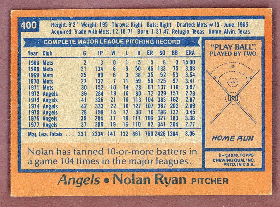 1978 Topps Baseball #400 Nolan Ryan Angels EX+/EX-MT 568886