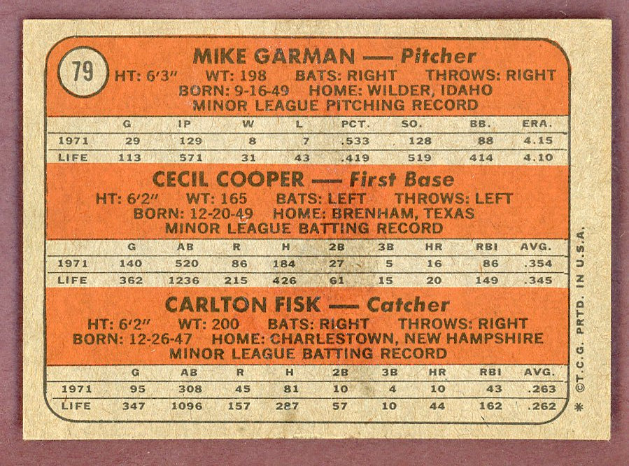 1972 Topps Baseball #079 Carlton Fisk Red Sox EX-MT 568904