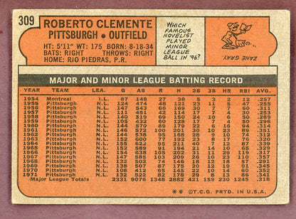 1972 Topps Baseball #309 Roberto Clemente Pirates VG-EX 568906