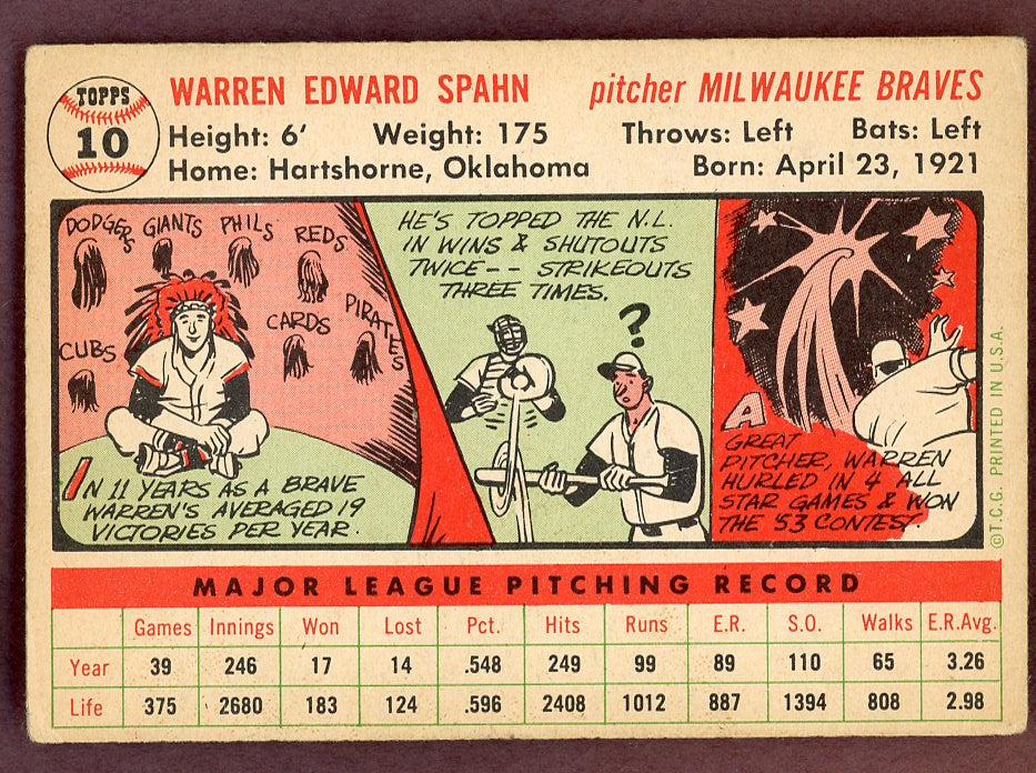 1956 Topps Baseball #010 Warren Spahn Braves VG 568914