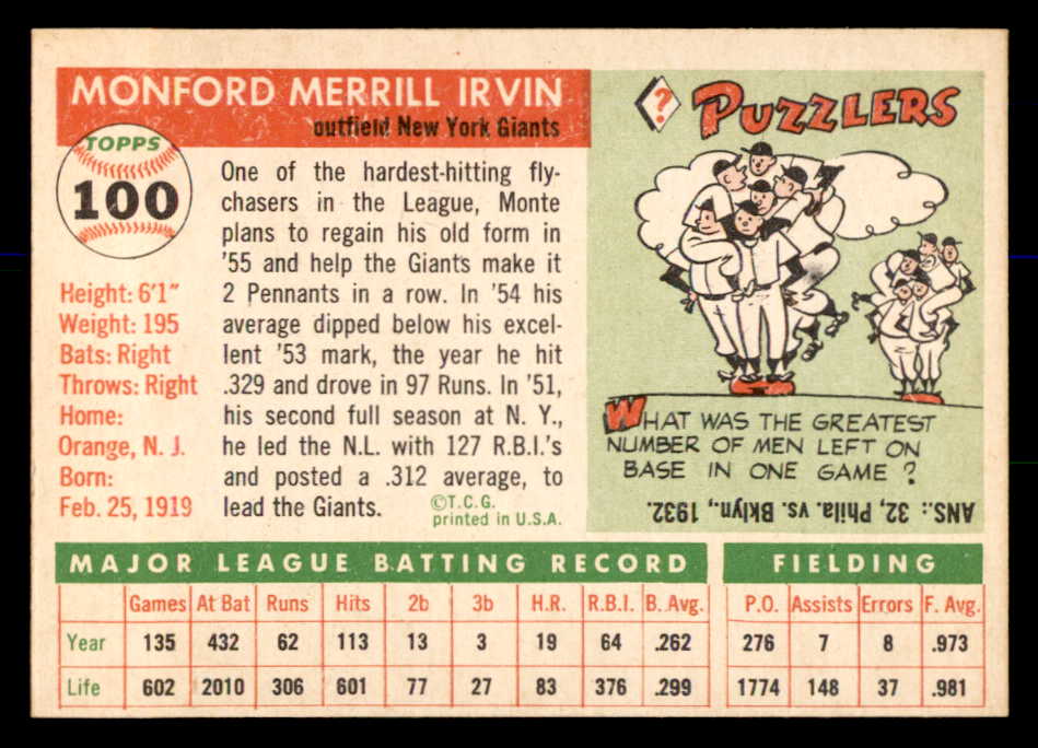 1955 Topps Baseball #100 Monte Irvin Giants EX+/EX-MT 569704