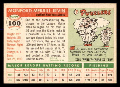 1955 Topps Baseball #100 Monte Irvin Giants EX+/EX-MT 569704