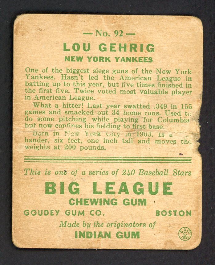 1933 Goudey # 92 Lou Gehrig Yankees Authentic 569742