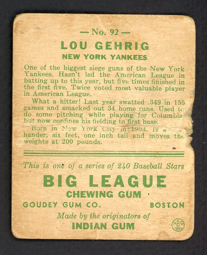 1933 Goudey # 92 Lou Gehrig Yankees Authentic 569742