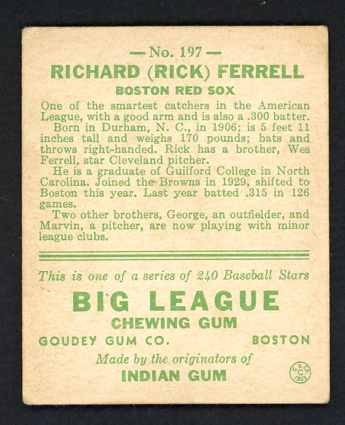 1933 Goudey #197 Rick Ferrell Red Sox VG-EX/EX 569744