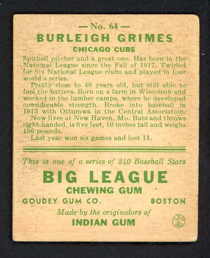 1933 Goudey # 64 Burleigh Grimes Cubs VG-EX 569745
