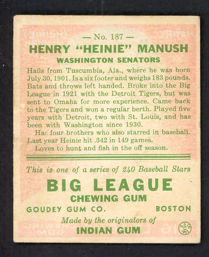 1933 Goudey #187 Heinie Manush Senators EX 569746