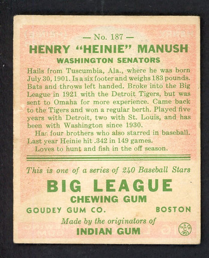 1933 Goudey #187 Heinie Manush Senators EX 569746